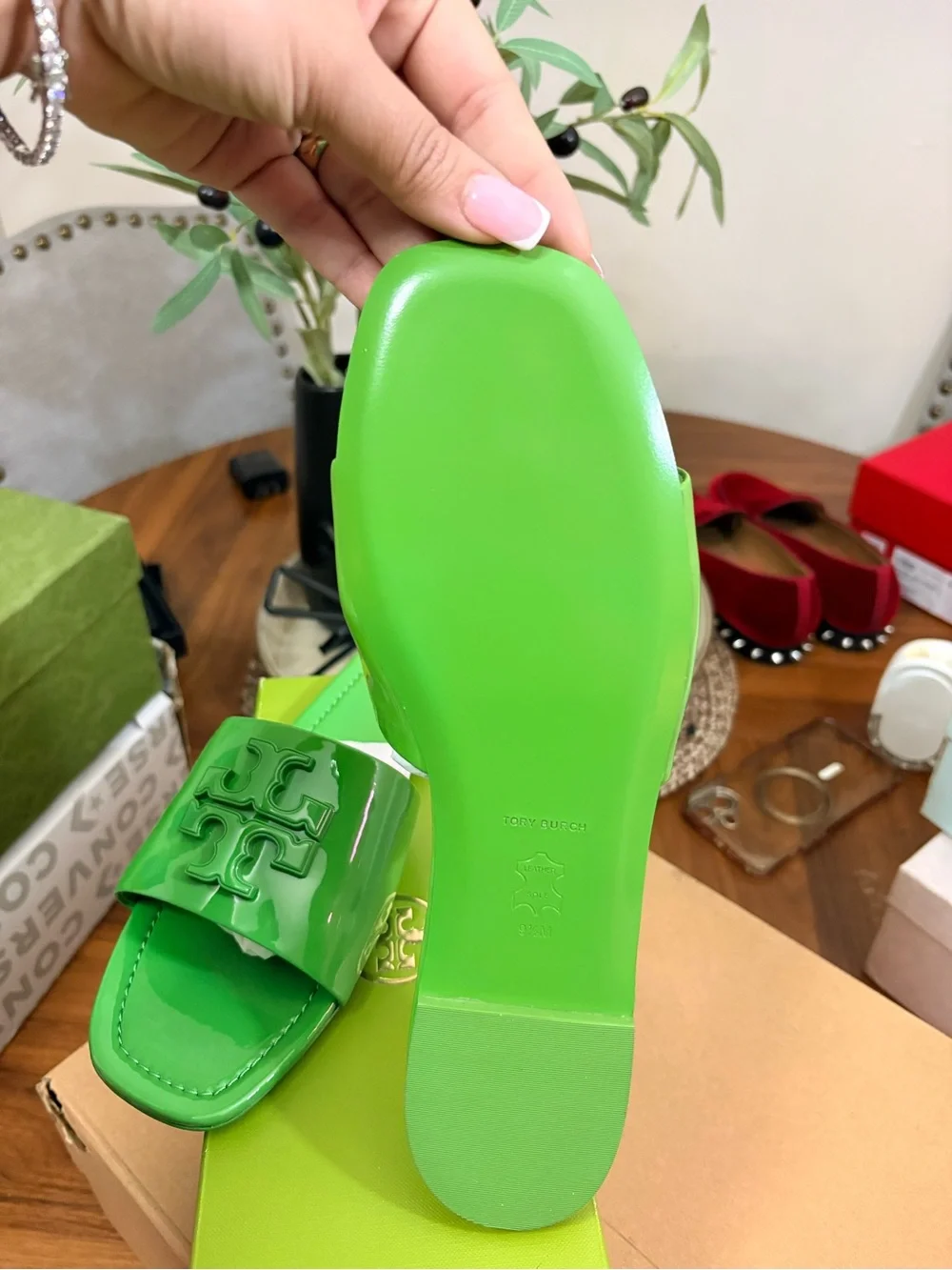 Tory Burch Neon Green Patent Logo Slide Sandals